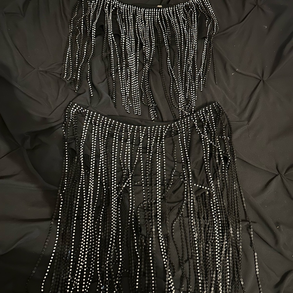 Black Beaded Rhinestone Fringe Set